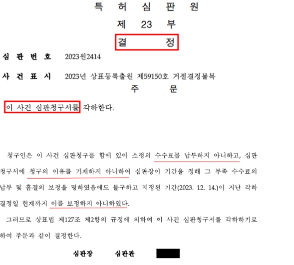 상표심판 결정각하 심결각하
