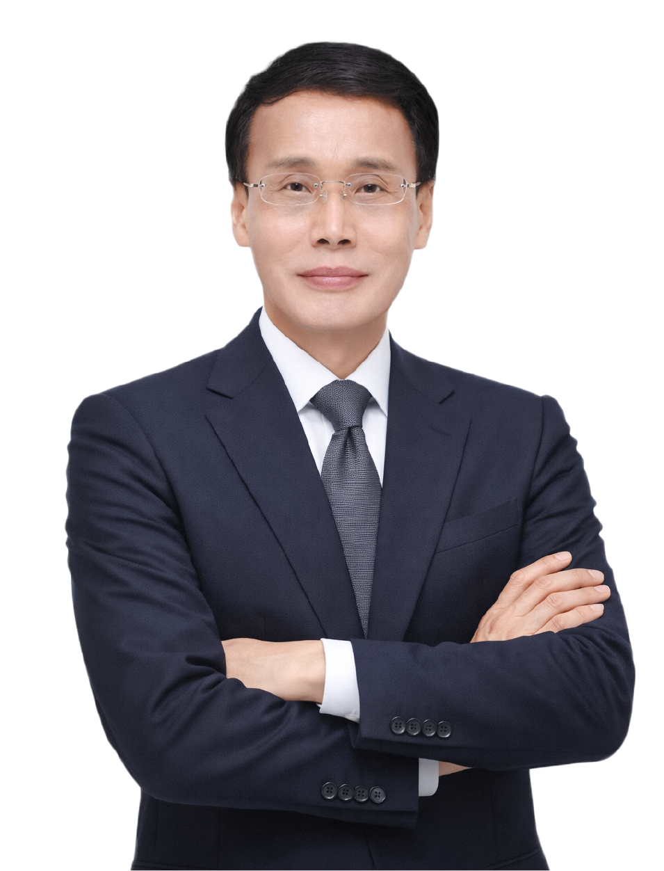 en_박성호 Professional portrait of an Asian man in a navy suit with glasses, arms crossed and a neutral smile.