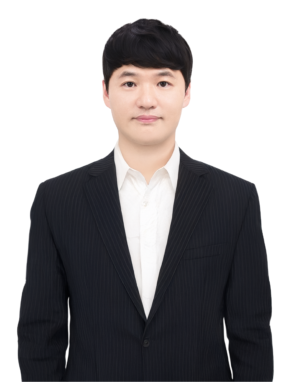 en_유성식 Professional head-and-shoulders portrait of a person in a dark pinstripe suit and white shirt, looking at the camera with a neutral expression.