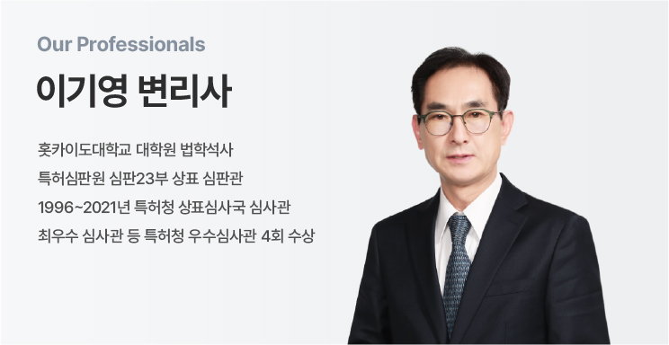 Portrait of 이기영 변리사 in a dark suit next to a panel that says 'Our Professionals' with his Korean bio on the left side.