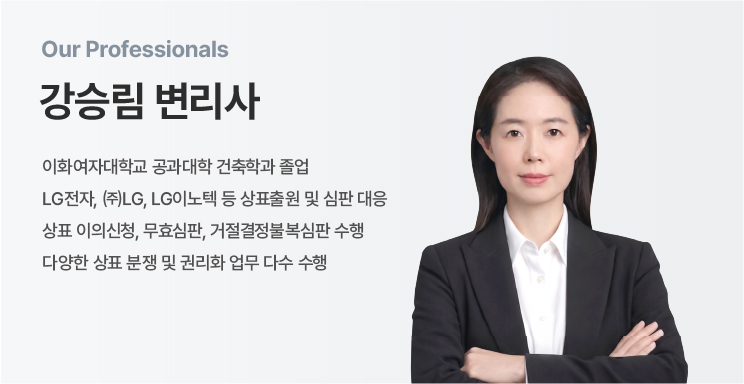 Profile hero: left-aligned 'Our Professionals' header with '강승림 변리사' and Korean bio, and a woman in a black suit on the right against a light background (team page).
